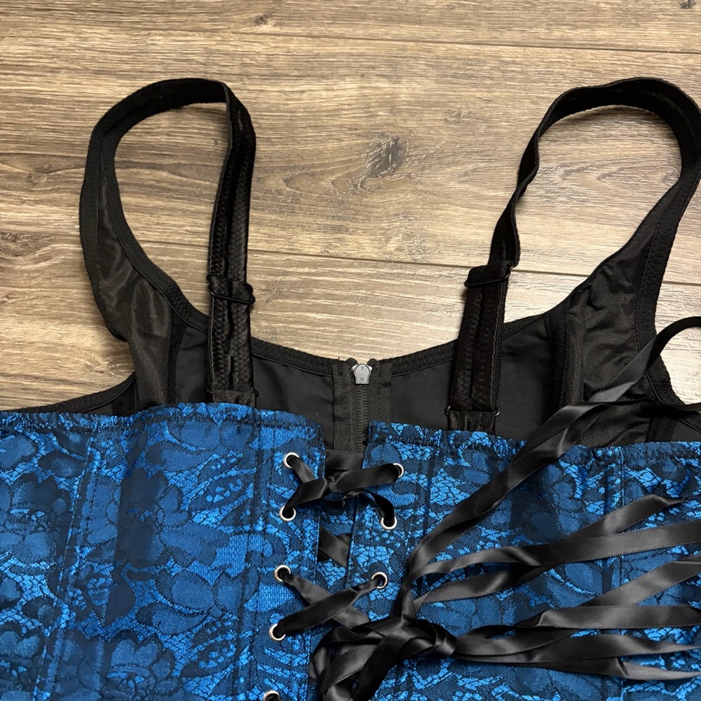 Y2K Vintage Floral Lace Renaissance Corset Bustier (Blue/Black) Size 2X/3X - Picture 6 of 7